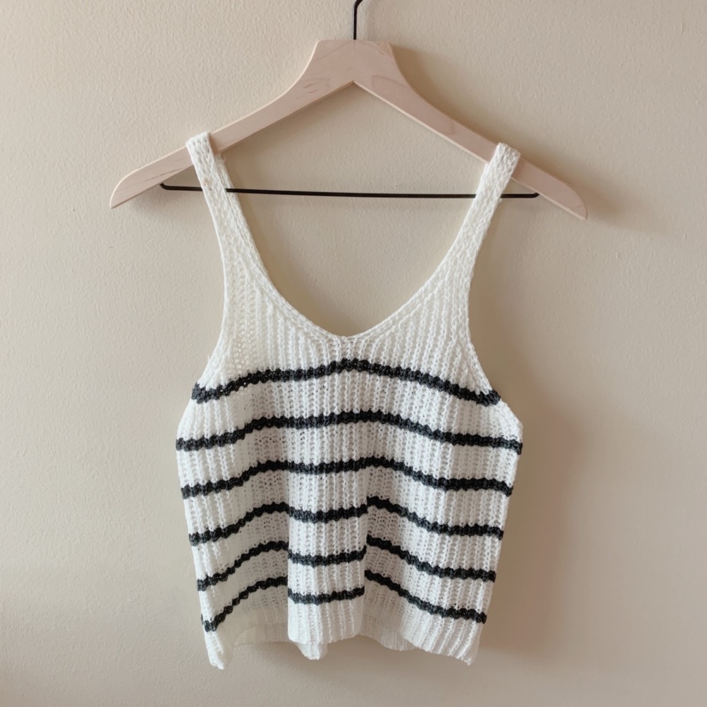 knitted white crop top with navy blue stripes